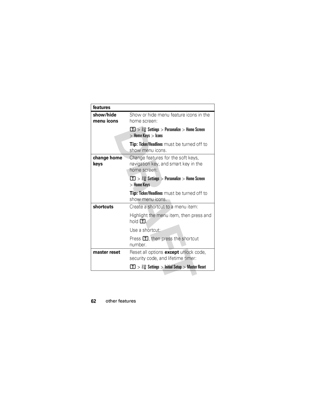 Motorola V557 manual Features Show/hide, Menu icons, Change home, Keys 