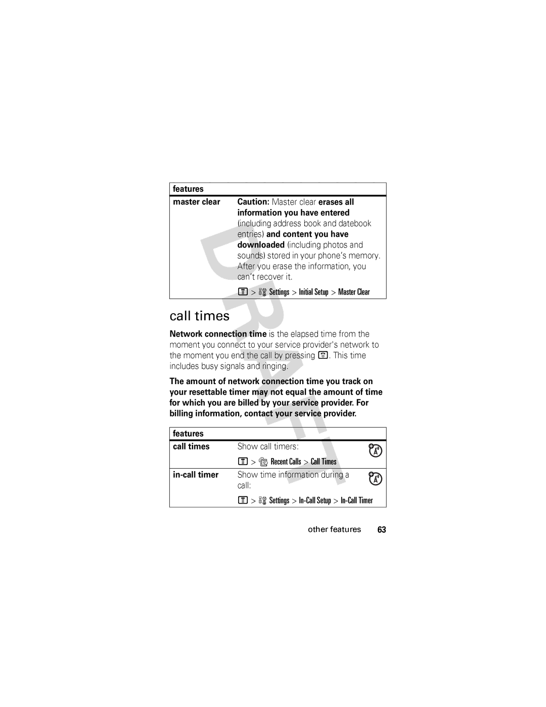 Motorola V557 manual After you erase the information, you, Can’t recover it, Features Call times, In-call timer 