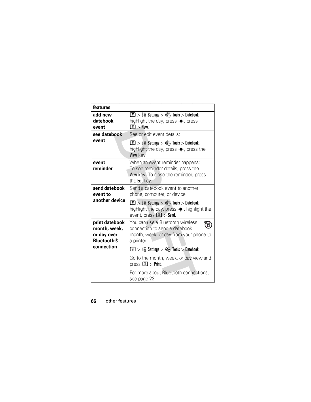 Motorola V557 manual Features Add new, Datebook, Event, See datebook, Reminder 