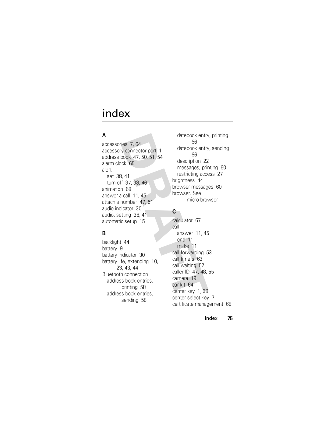 Motorola V557 manual Index, Sending Datebook entry, printing Datebook entry, sending 