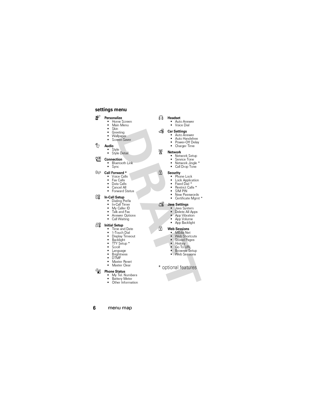 Motorola V557 manual Settings menu, Optional features 