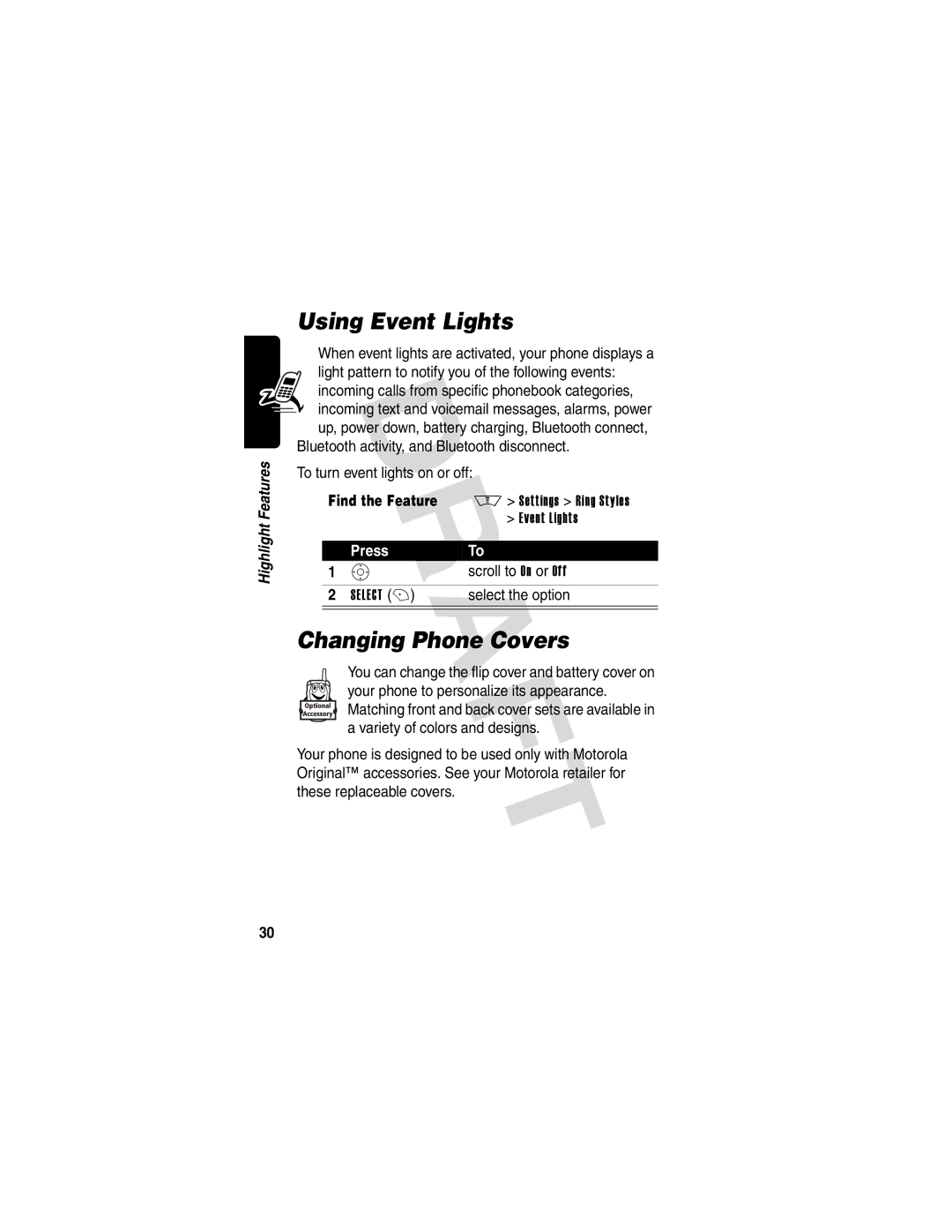 Motorola V600 GSM R3.6 manual Using Event Lights, Changing Phone Covers, Incoming calls from specific phonebook categories 