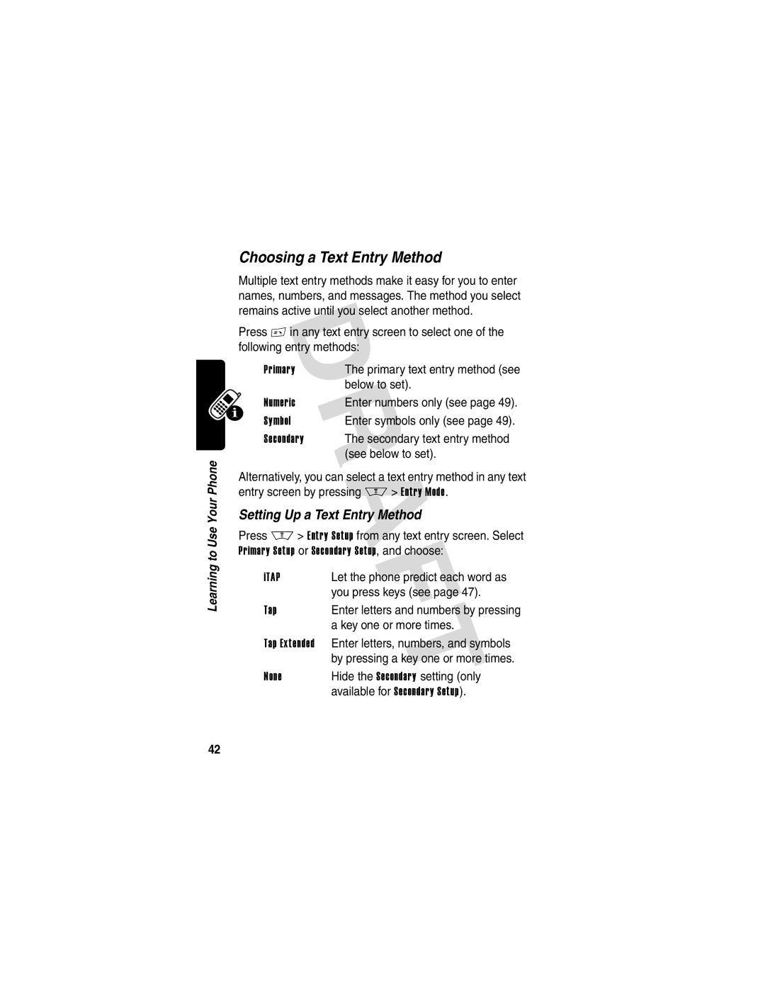 Motorola V600 GSM R3.6 manual Choosing a Text Entry Method, Setting Up a Text Entry Method, Below to set, See below to set 