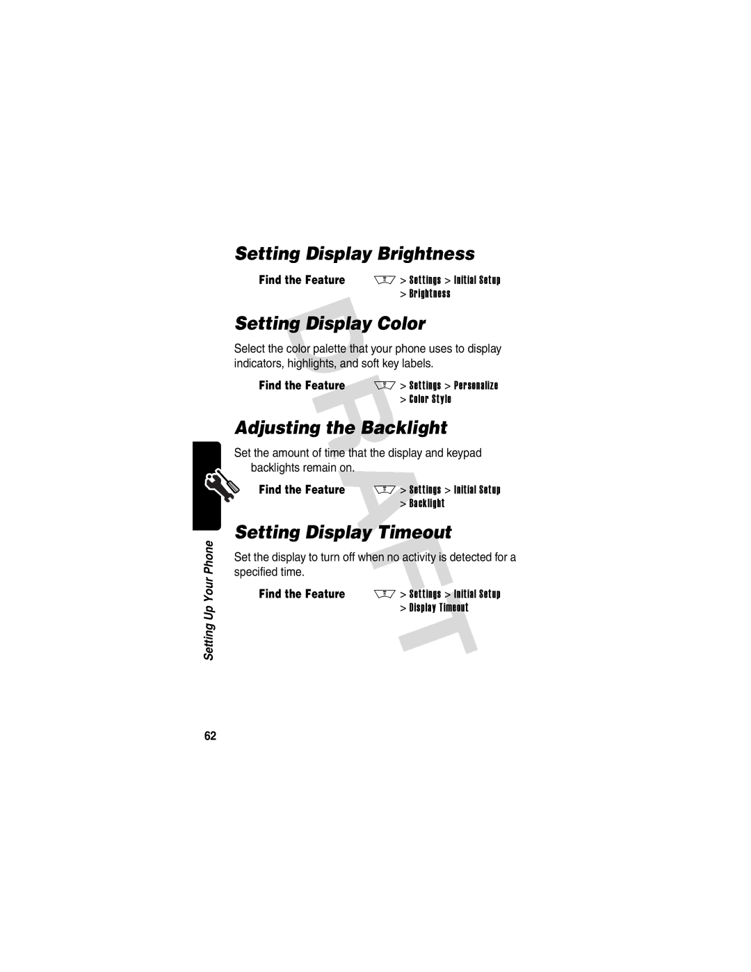 Motorola V600 GSM R3.6 Setting Display Brightness, Setting Display Color, Adjusting the Backlight, Setting Display Timeout 