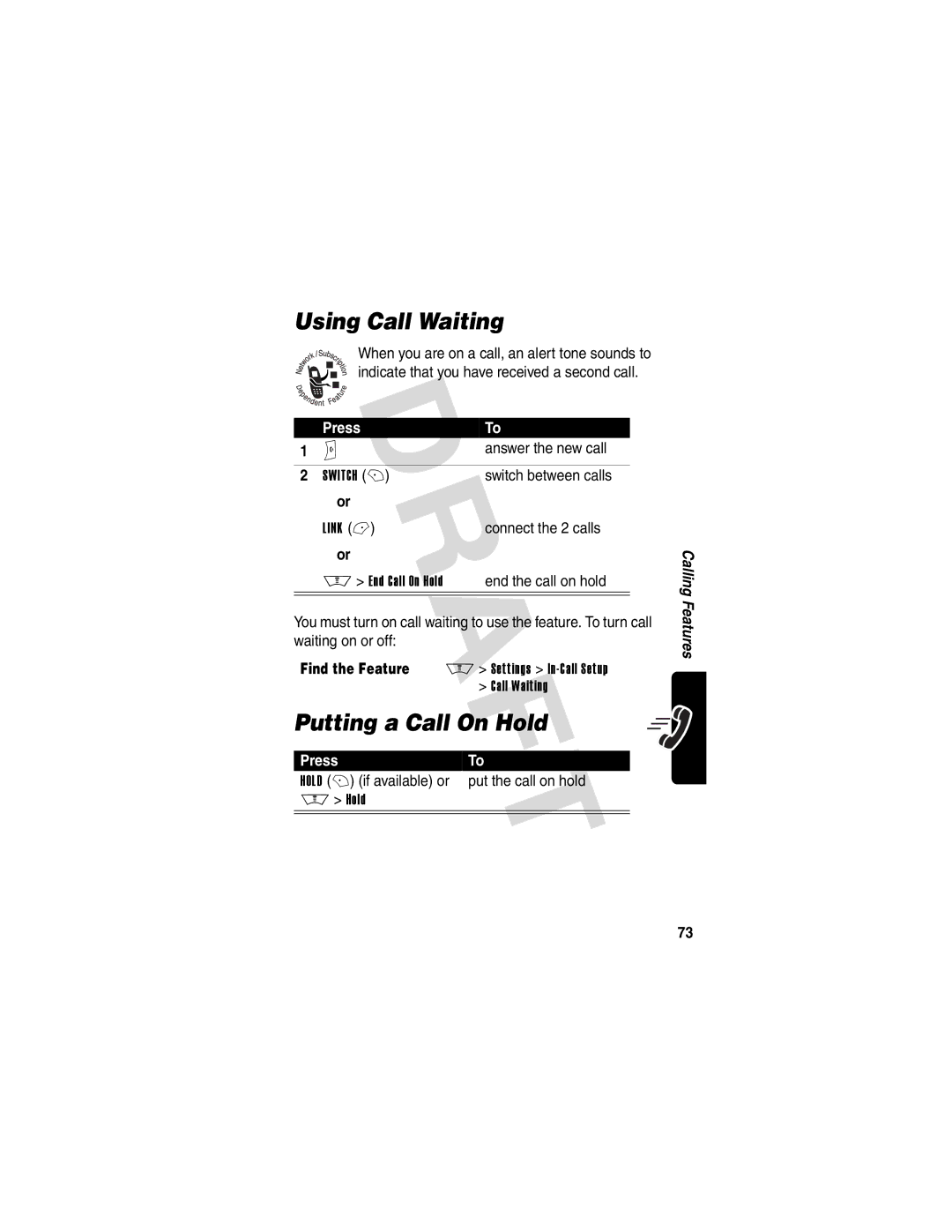 Motorola V600 GSM R3.6 manual Using Call Waiting, Putting a Call On Hold 