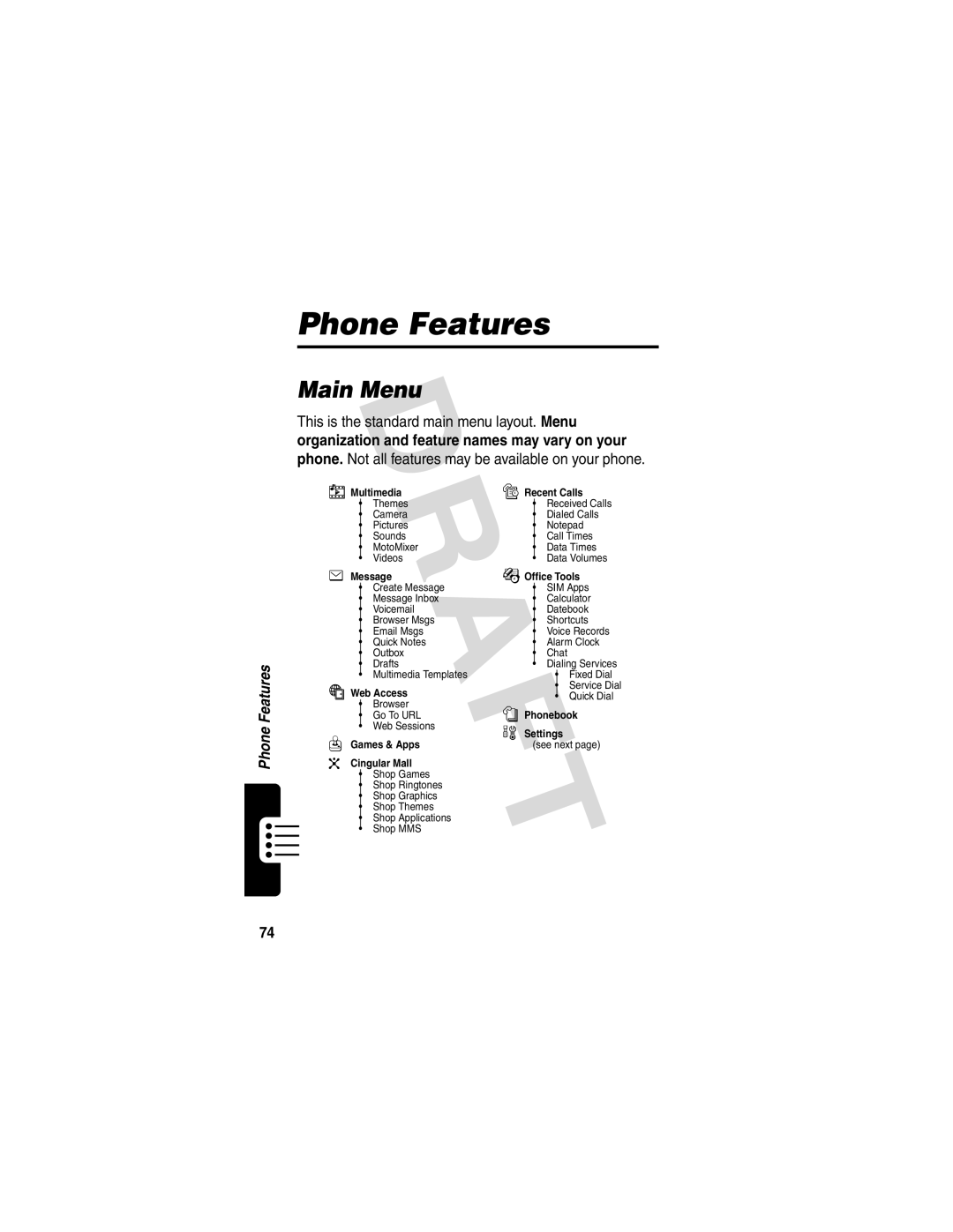 Motorola V600 GSM R3.6 manual Phone Features, Main Menu 