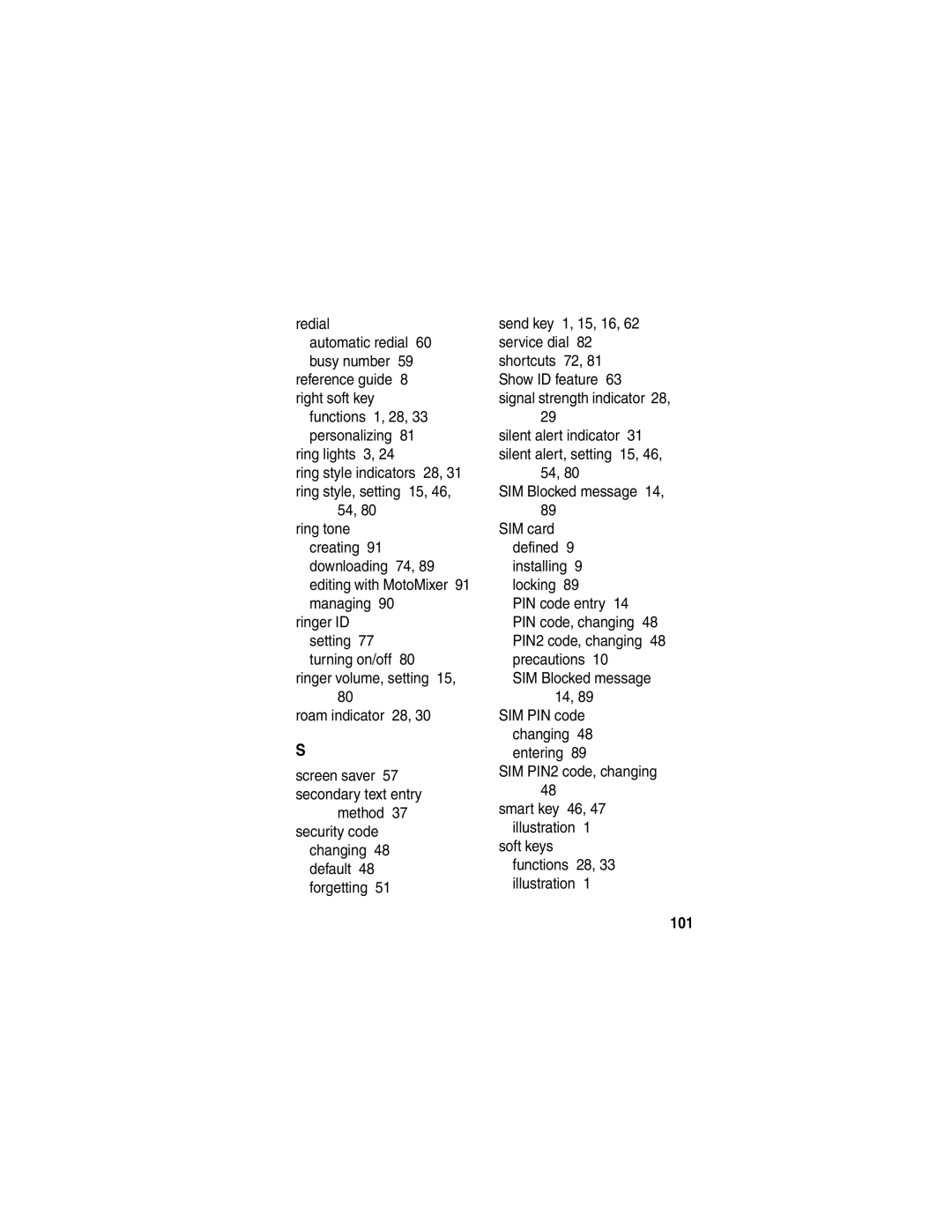 Motorola V600 manual Ring lights 3, SIM PIN code changing 48 entering SIM PIN2 code, changing, 101 