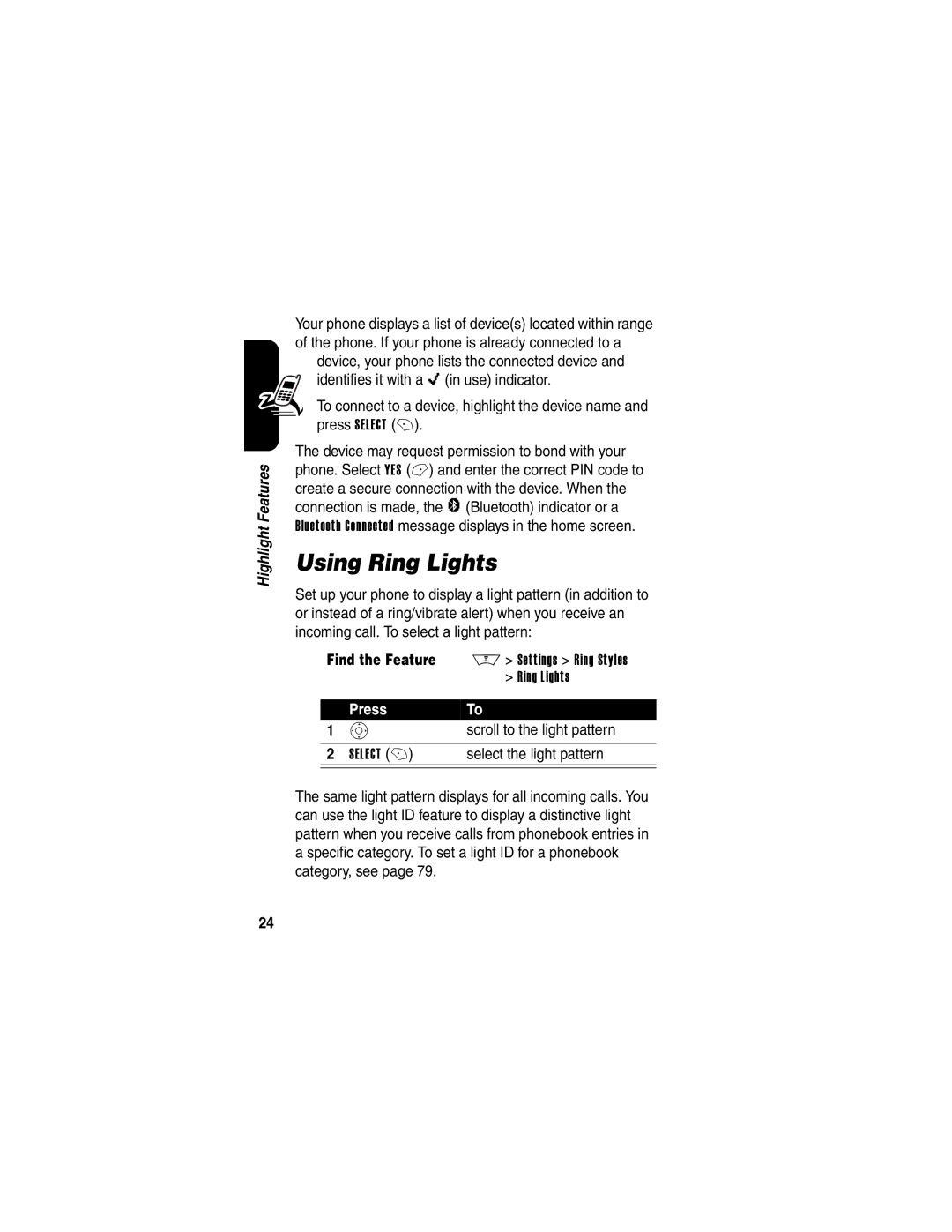 Motorola V600 manual Using Ring Lights, Scroll to the light pattern, Select the light pattern 