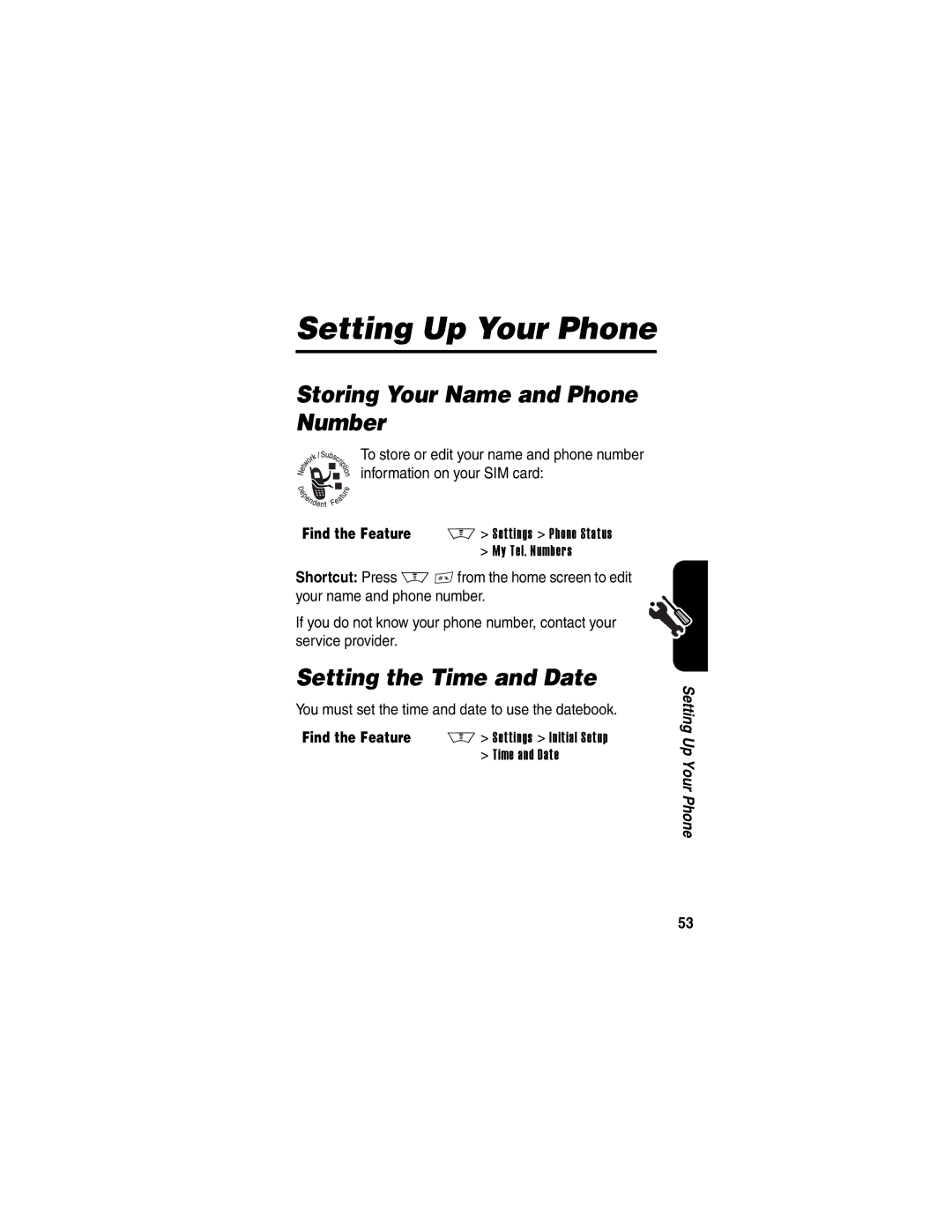 Motorola V600 manual Setting Up Your Phone, Storing Your Name and Phone Number, Setting the Time and Date 