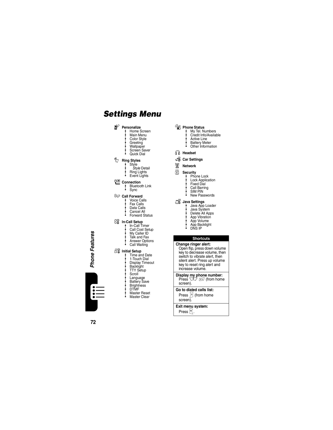 Motorola V600 manual Settings Menu, Initial Setup 