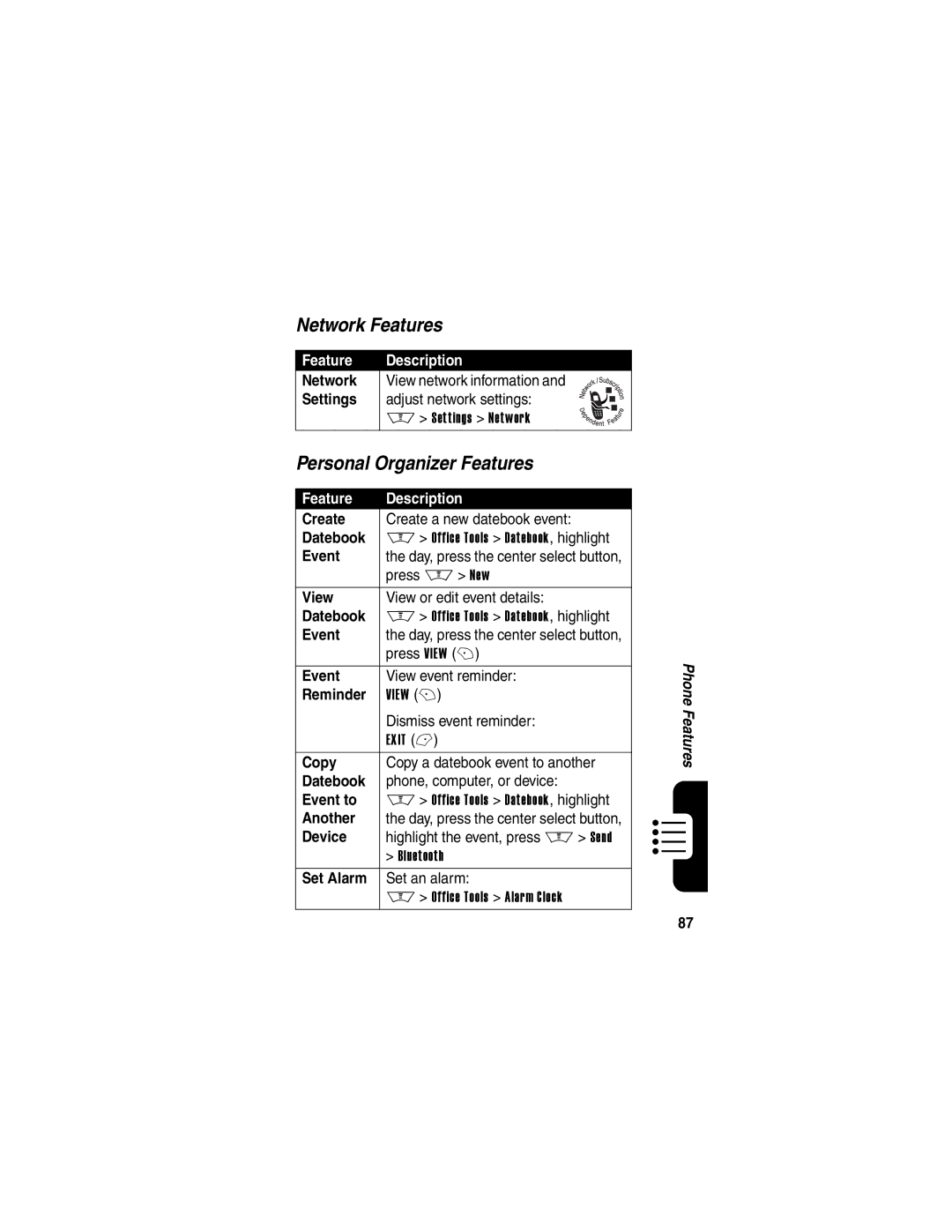 Motorola V600 manual Network Features, Personal Organizer Features 