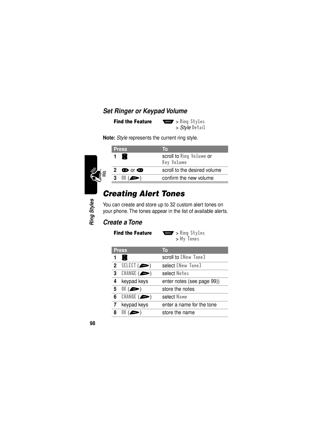 Motorola V60i manual Creating Alert Tones, Set Ringer or Keypad Volume, Create a Tone 