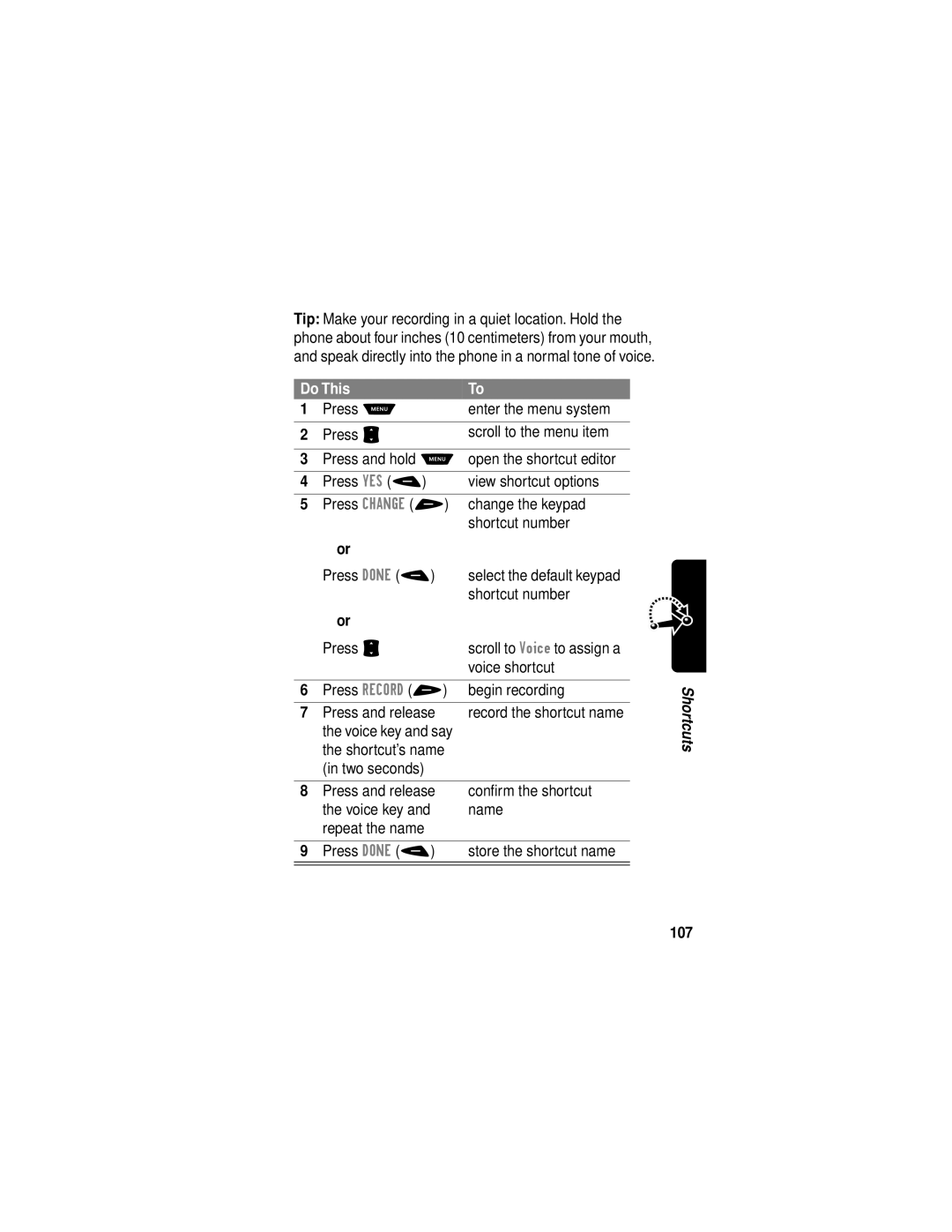 Motorola V60i manual Voice shortcut, Press Record + Begin recording Press and release, 107 