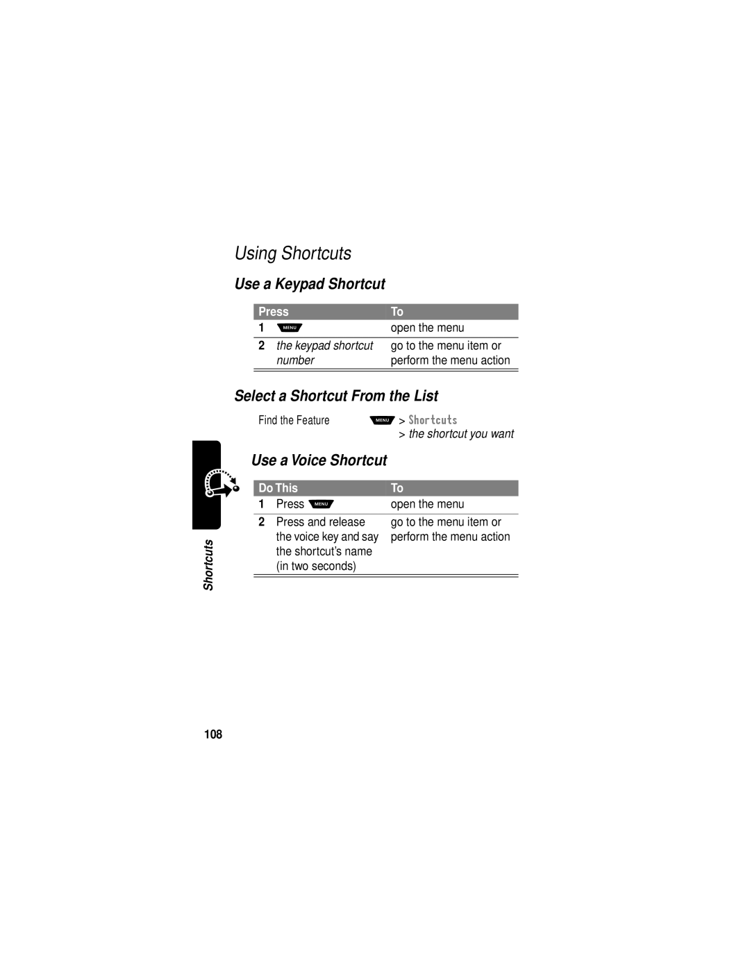 Motorola V60i manual Using Shortcuts, Use a Keypad Shortcut, Select a Shortcut From the List, Use a Voice Shortcut, 108 