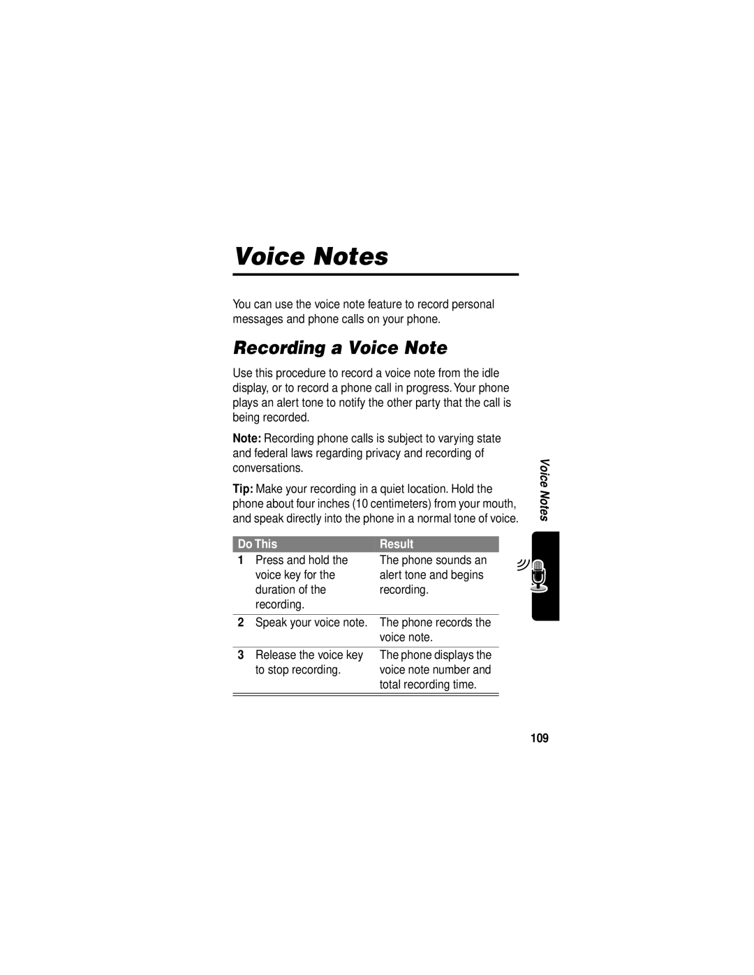 Motorola V60i manual Voice Notes, Recording a Voice Note, Do This Result, 109 