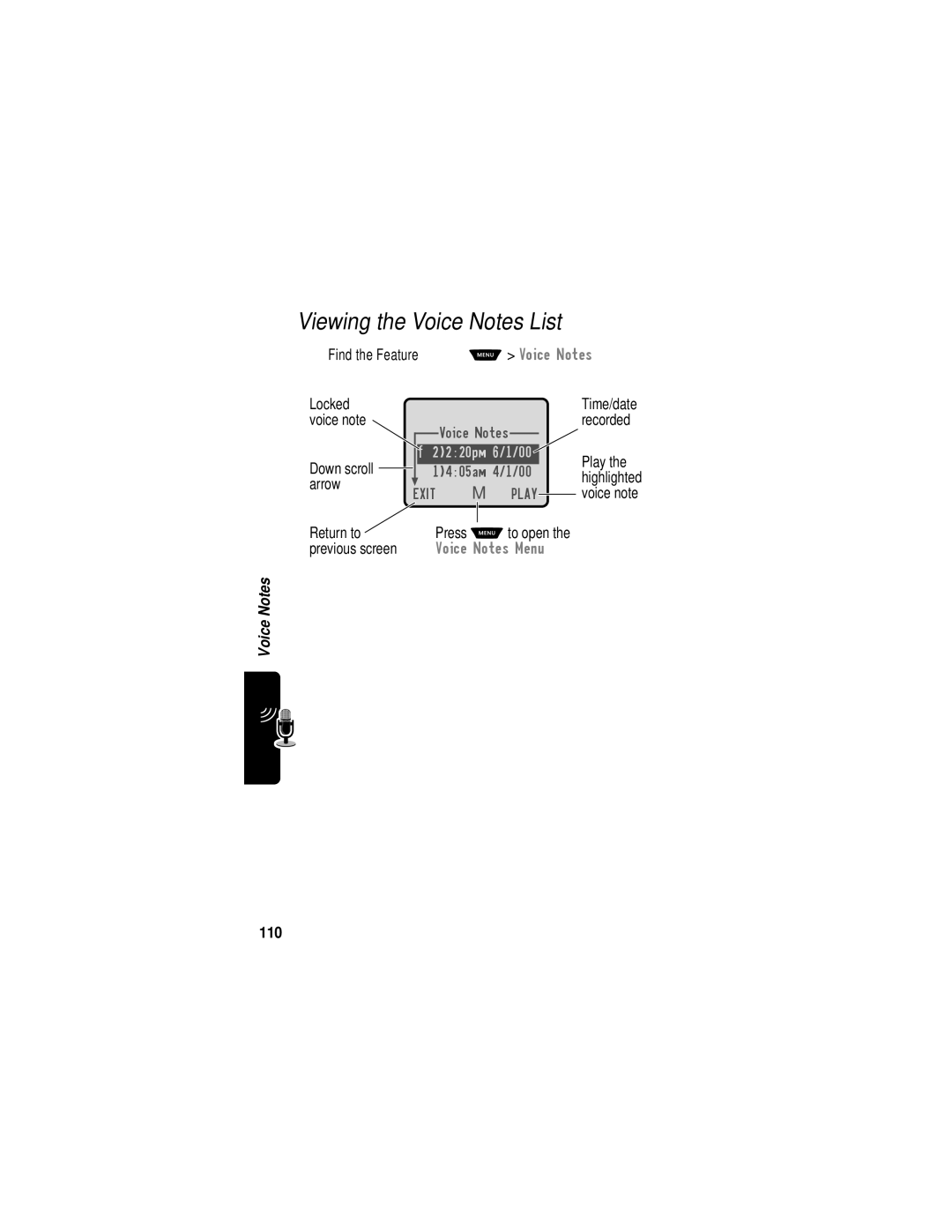 Motorola V60i manual Viewing the Voice Notes List, 110 