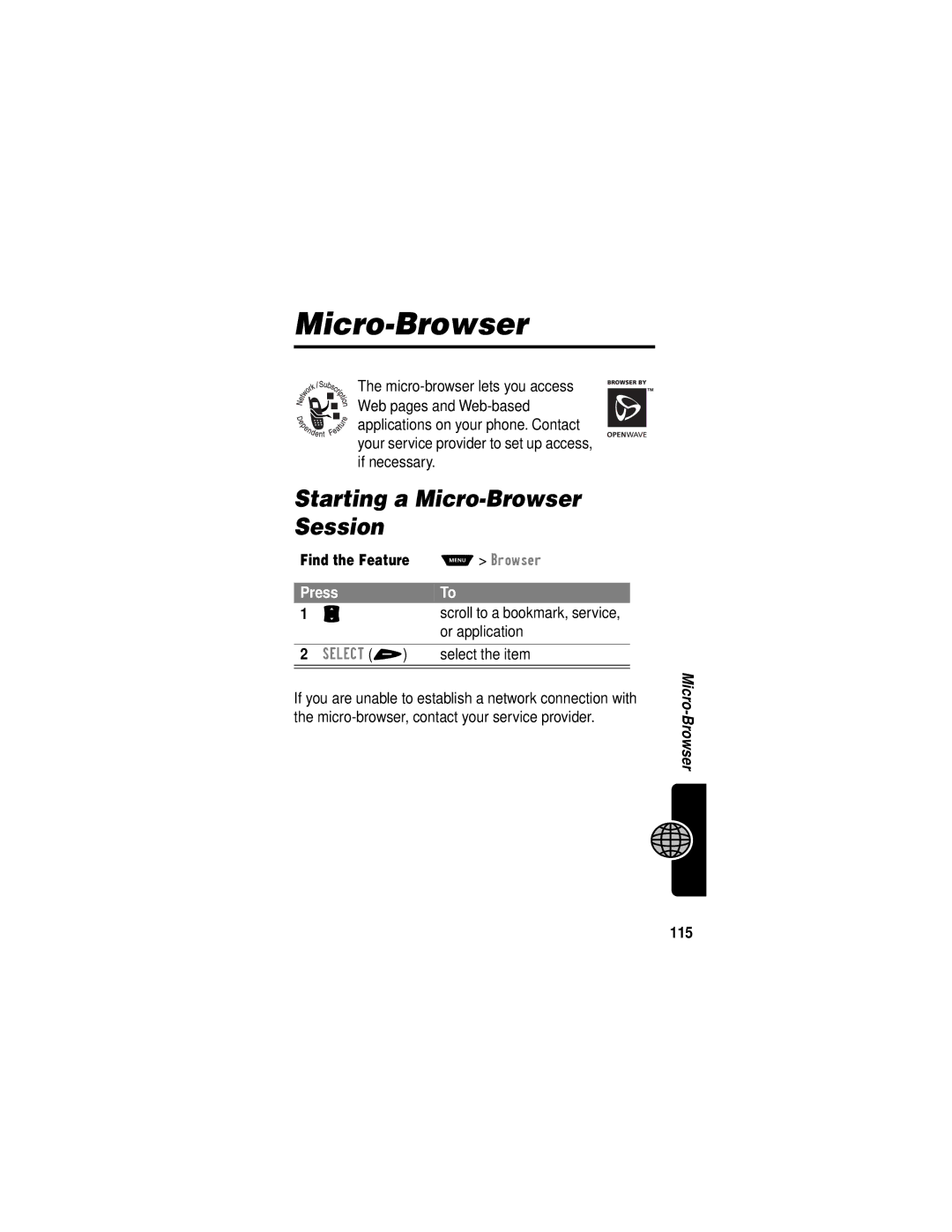 Motorola V60i manual Starting a Micro-Browser Session, Or application, 115 