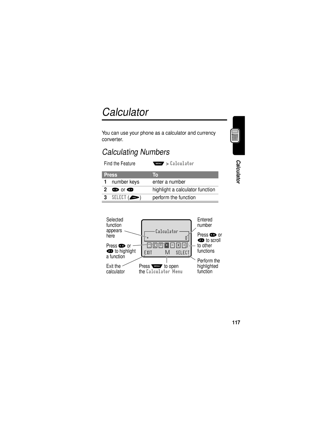 Motorola V60i manual Calculator, Calculating Numbers, 117 