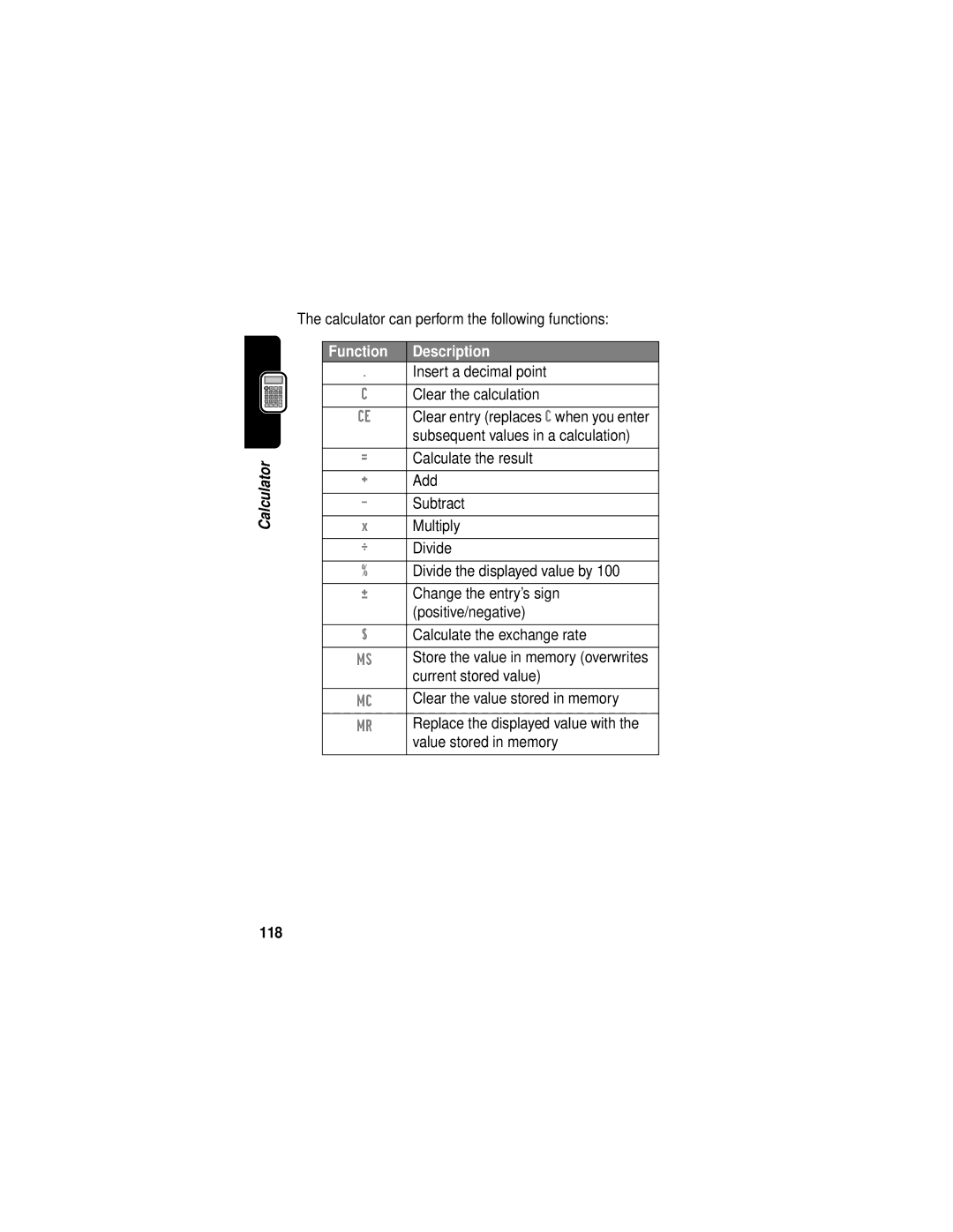 Motorola V60i manual Function Description, 118 