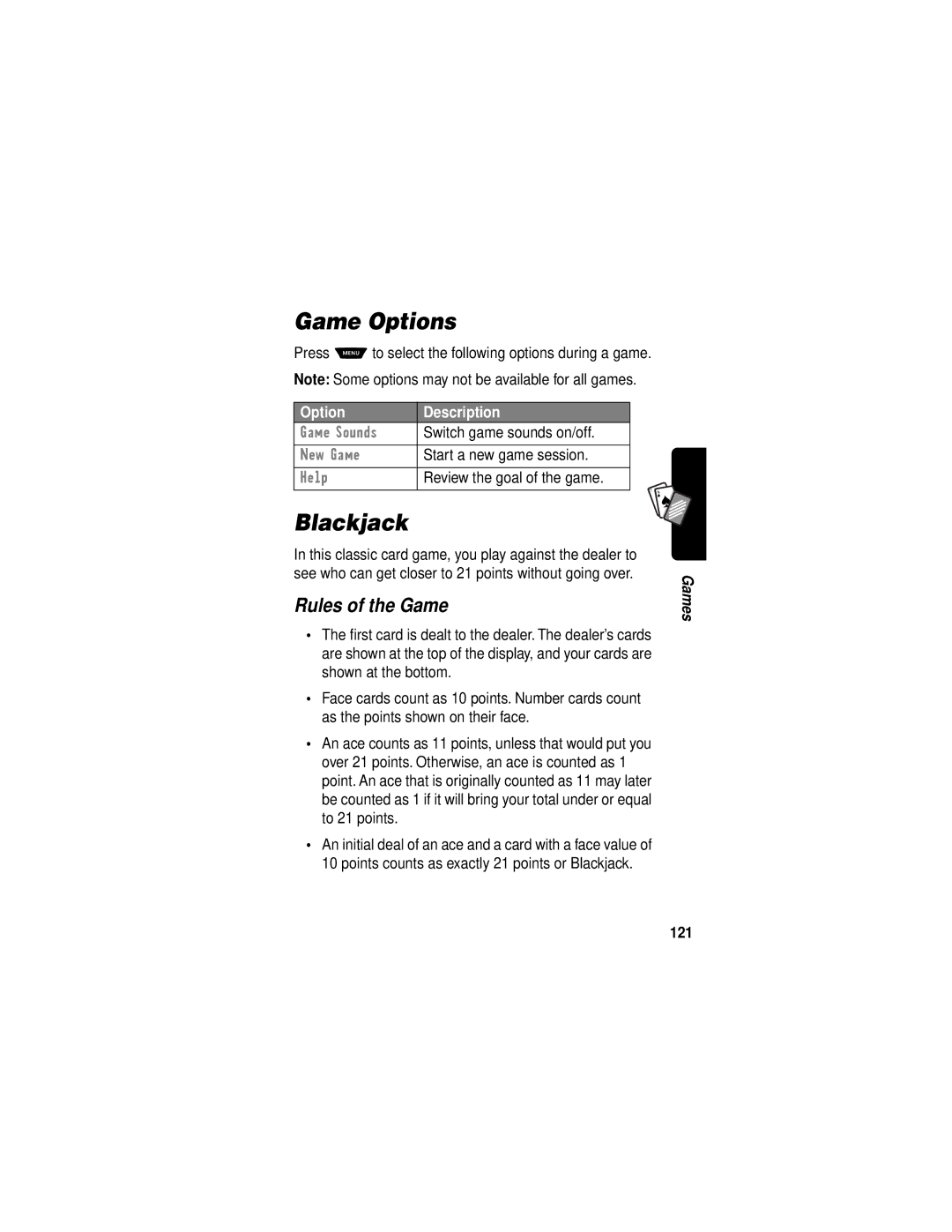 Motorola V60i manual Game Options, Blackjack, Rules of the Game, Press Mto select the following options during a game, 121 