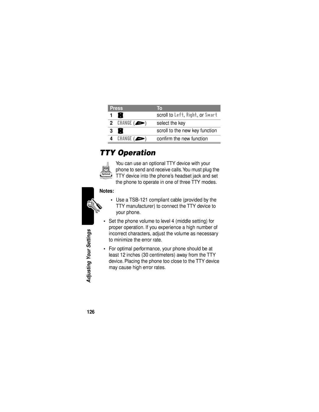 Motorola V60i manual TTY Operation, Scroll to Left, Right, or Smart, Select the key, Conﬁrm the new function, 126 