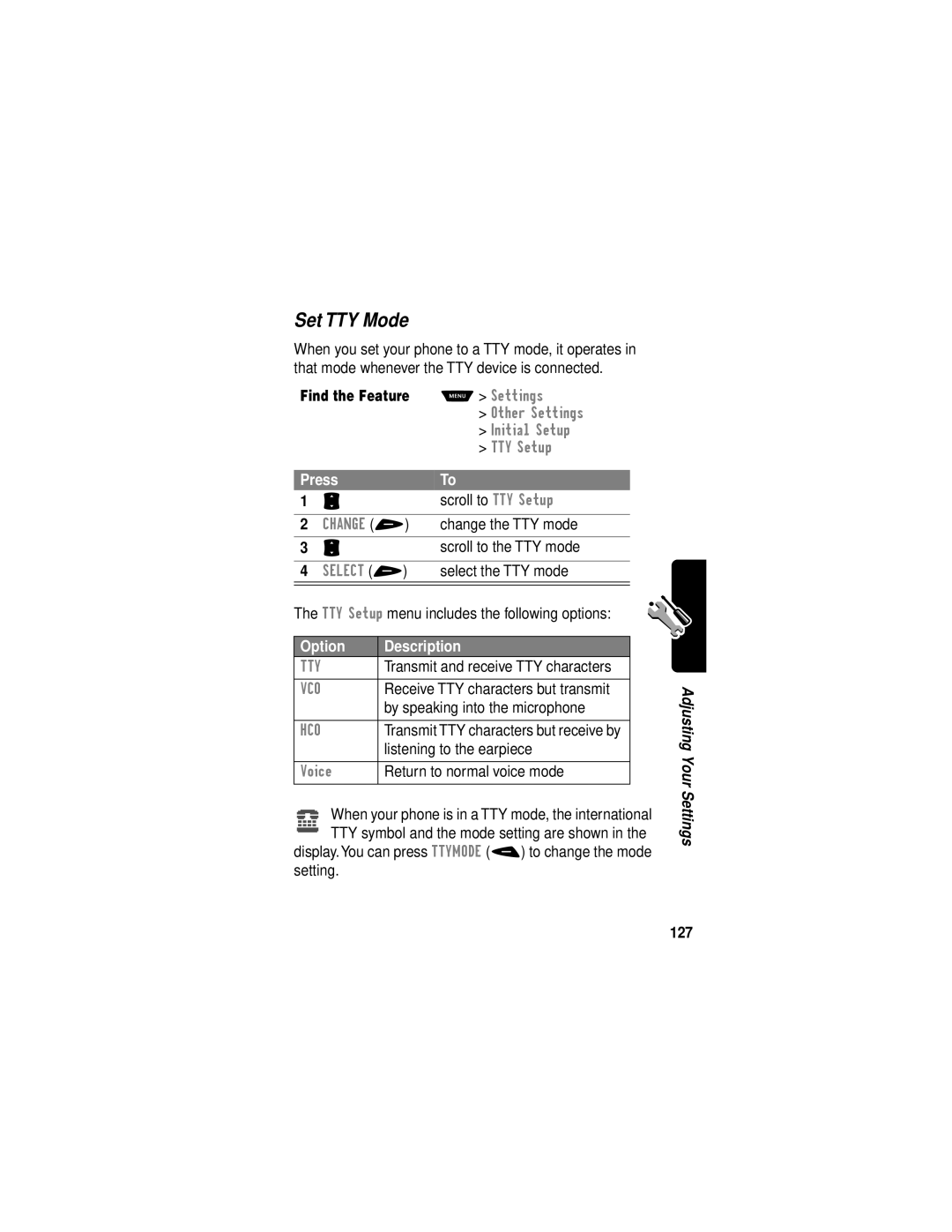 Motorola V60i manual Set TTY Mode, 127 