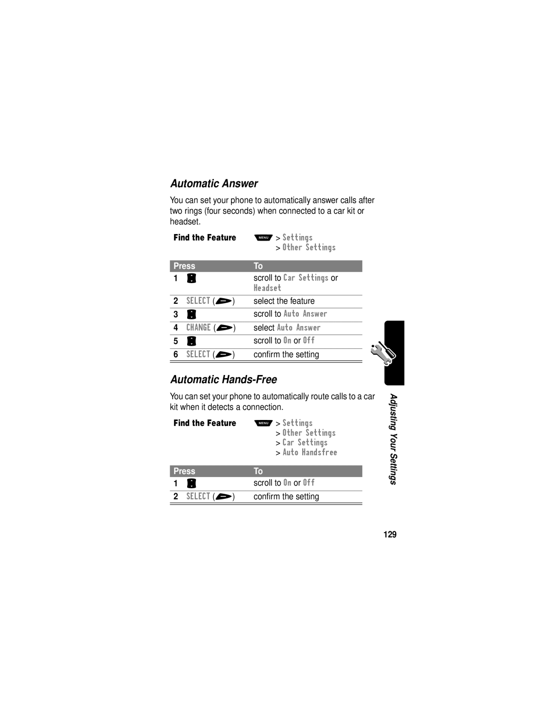 Motorola V60i manual Automatic Answer, Automatic Hands-Free, Select the feature, Conﬁrm the setting, 129 