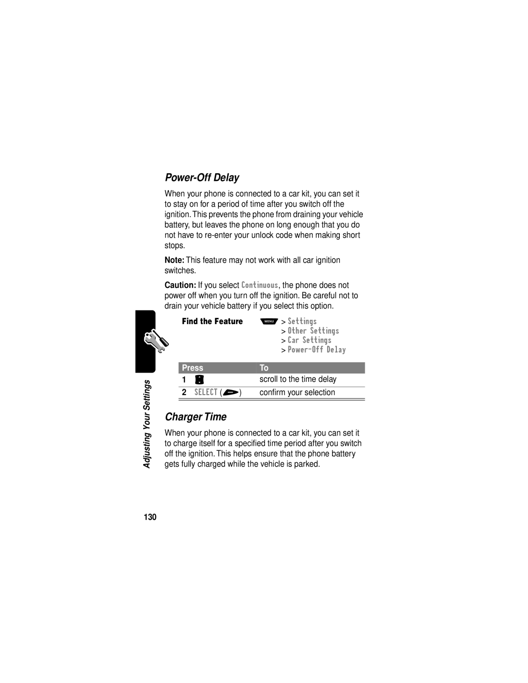 Motorola V60i manual Power-Off Delay, Charger Time, Scroll to the time delay, Conﬁrm your selection, 130 