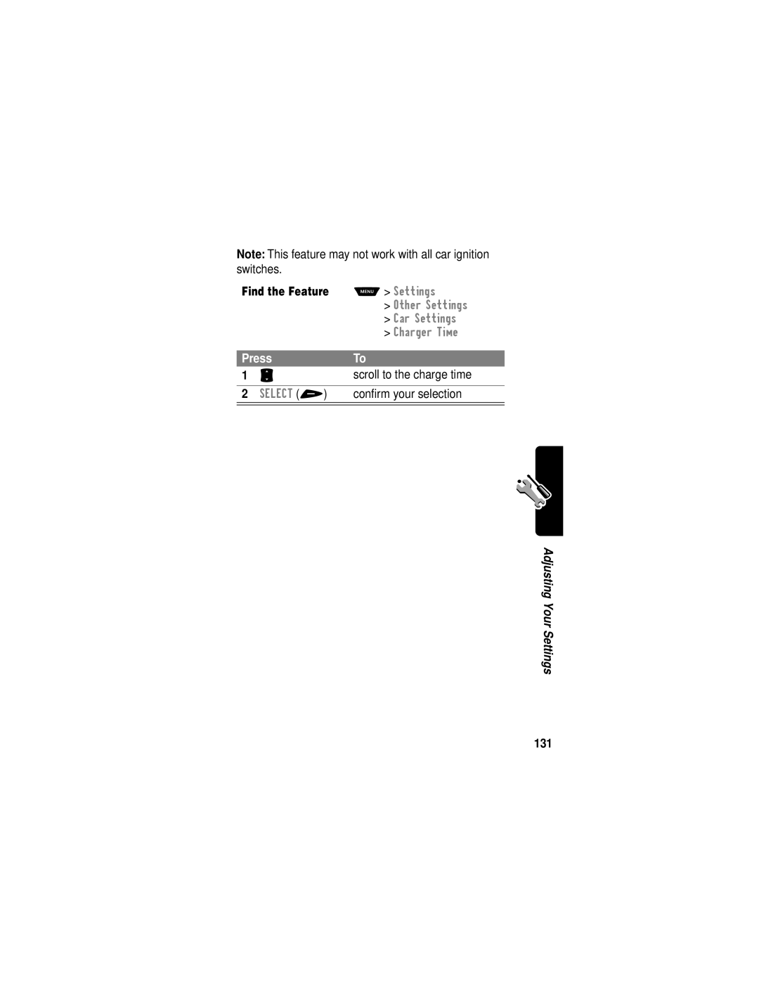 Motorola V60i manual Scroll to the charge time, 131 