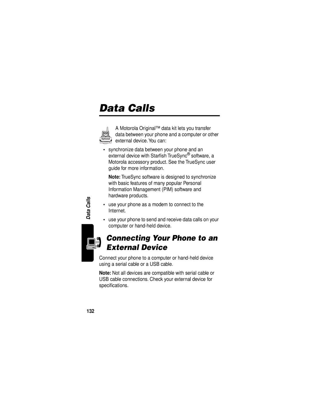 Motorola V60i manual Data Calls, Connecting Your Phone to an External Device, 132 