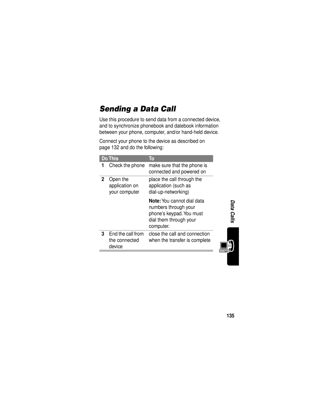 Motorola V60i manual Sending a Data Call, Device, 135 