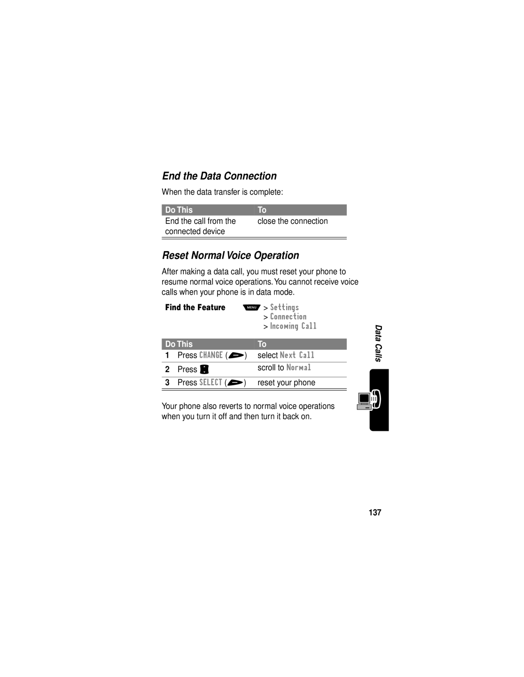 Motorola V60i manual End the Data Connection, Reset Normal Voice Operation, 137 