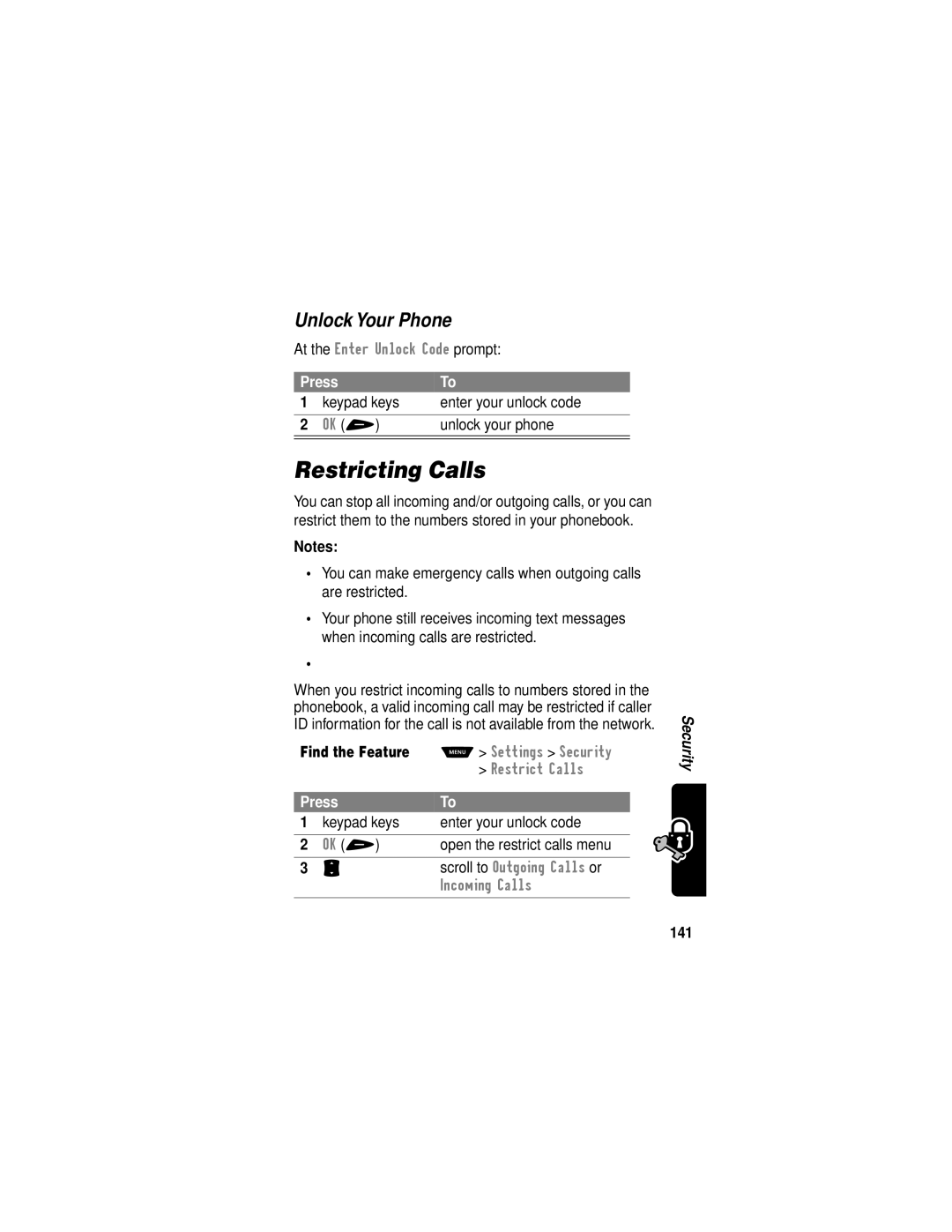 Motorola V60i manual Restricting Calls, Unlock Your Phone, Open the restrict calls menu, 141 