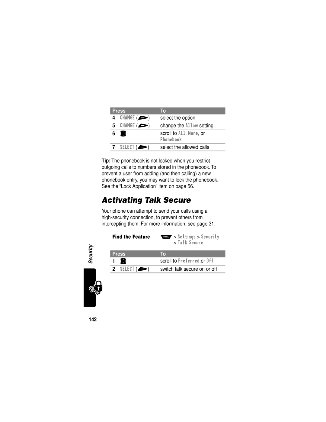 Motorola V60i manual Activating Talk Secure, 142 