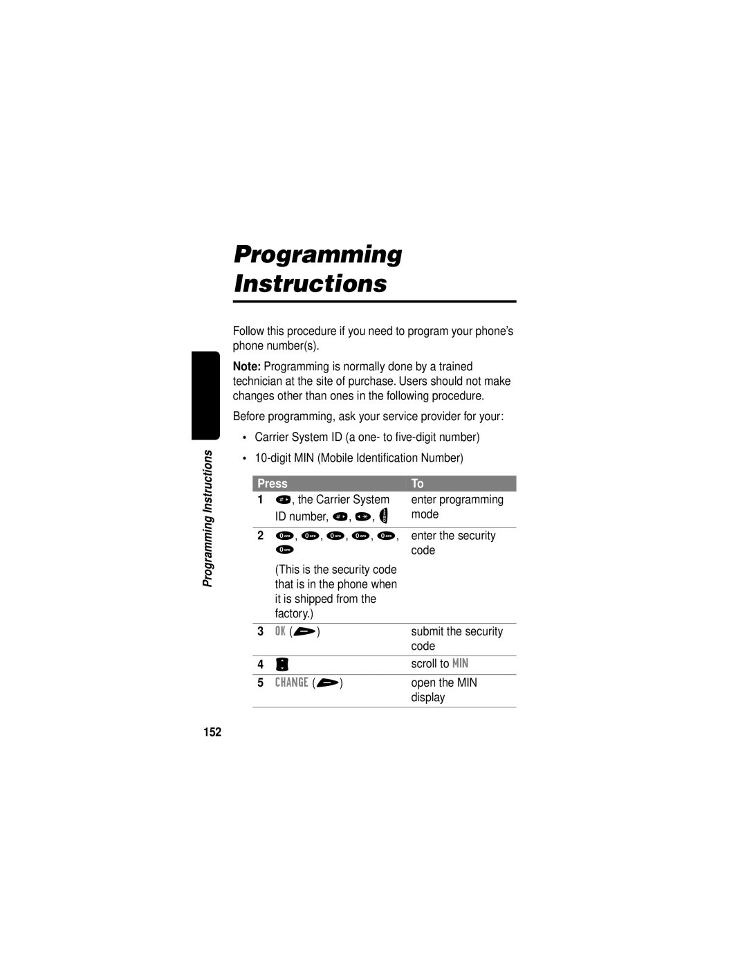 Motorola V60i manual Programming Instructions, Submit the security, Scroll to MIN, Open the MIN, 152 