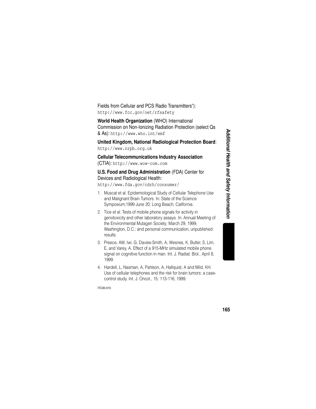 Motorola V60i manual Fields from Cellular and PCS Radio Transmitters, Food and Drug Administration FDA Center for, 165 