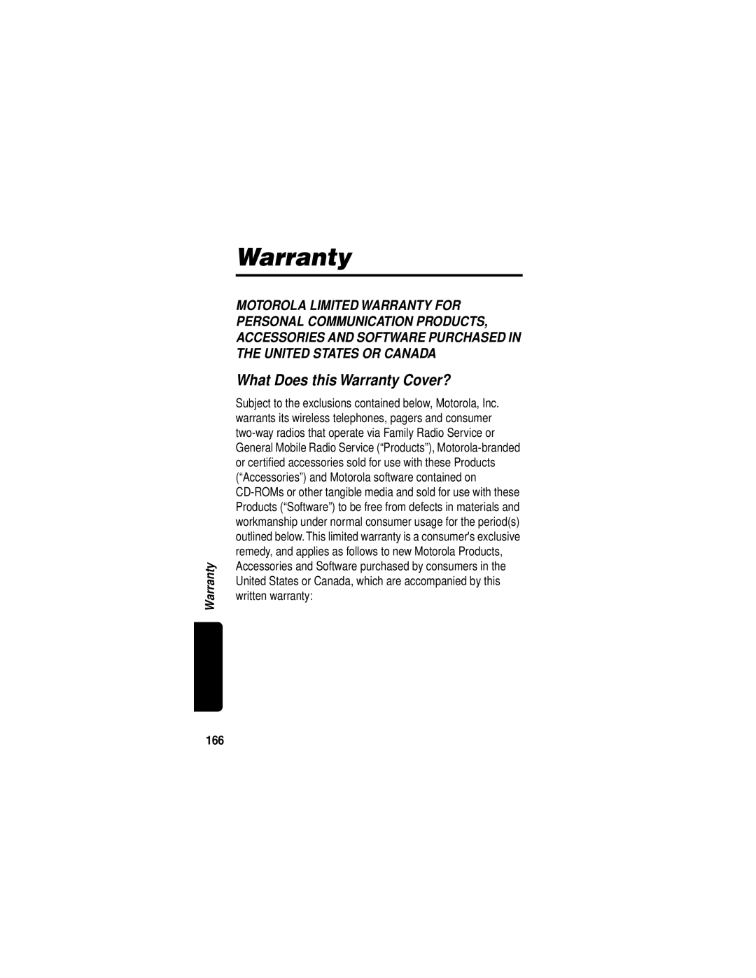 Motorola V60i manual What Does this Warranty Cover?, 166 