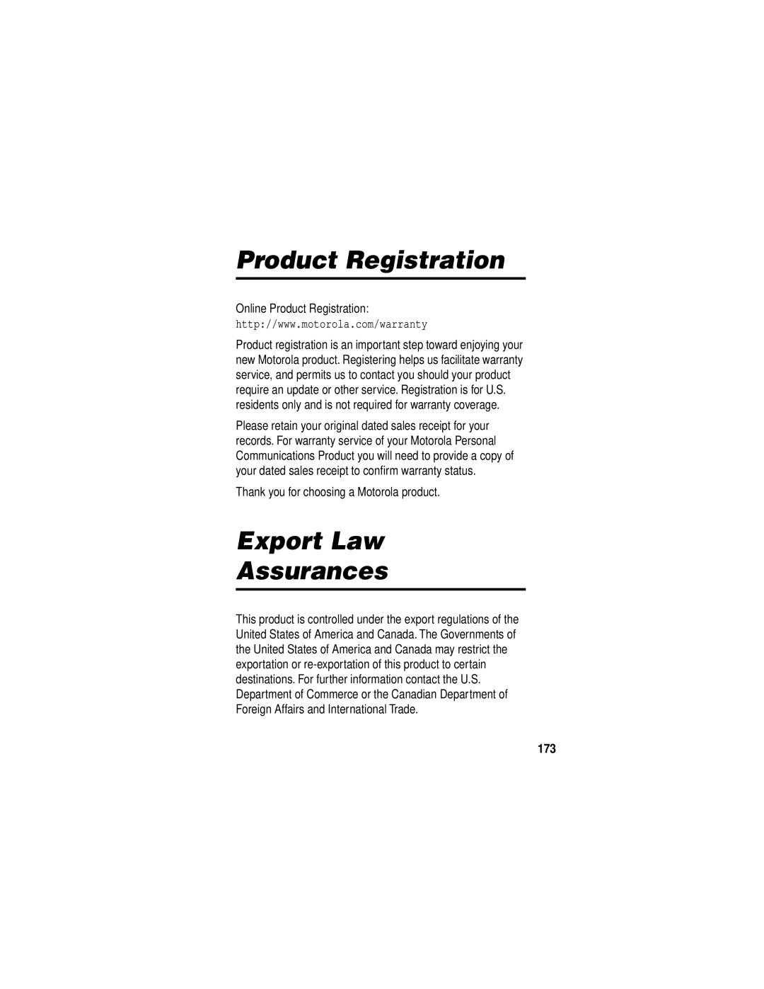 Motorola V60i manual Export Law Assurances, Online Product Registration, Thank you for choosing a Motorola product, 173 