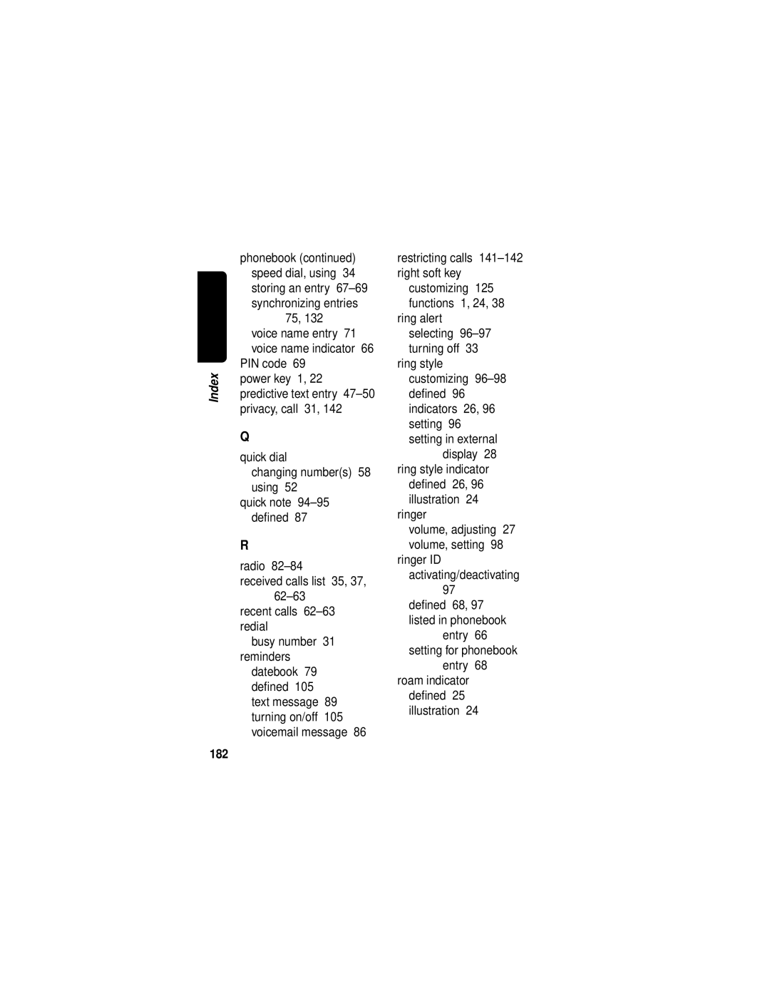 Motorola V60i manual Ringer Volume, adjusting 27 volume, setting, Entry Roam indicator deﬁned 25 illustration, 182 