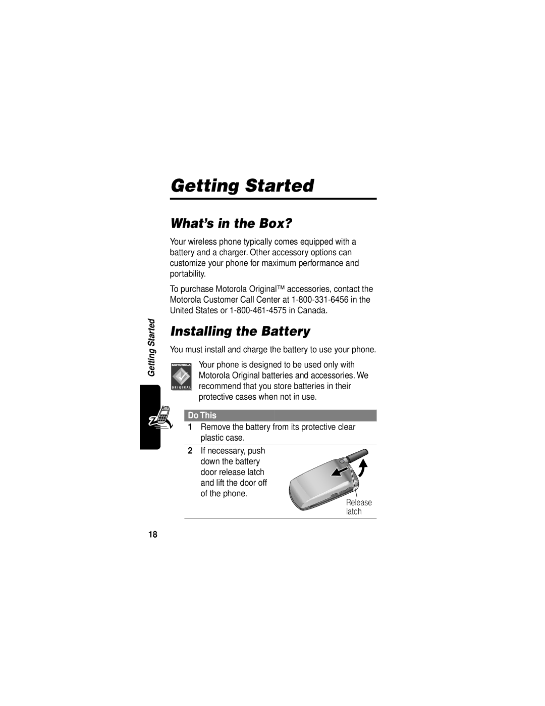 Motorola V60i manual Getting Started, What’s in the Box?, Installing the Battery, Do This 