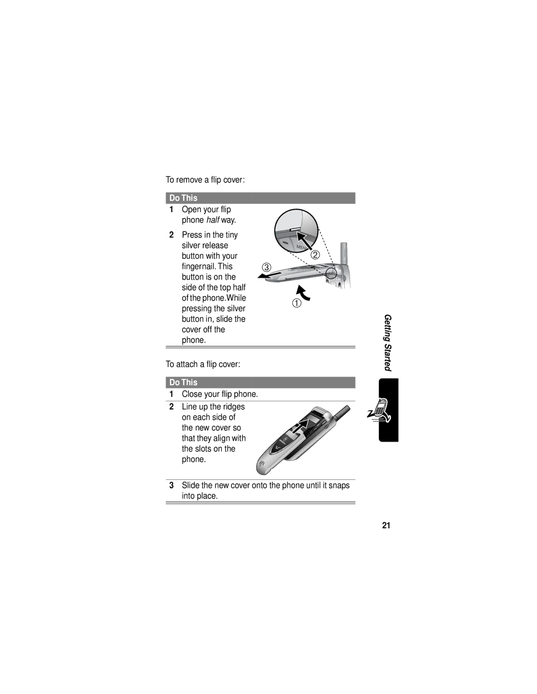 Motorola V60i manual To remove a ﬂip cover, To attach a ﬂip cover 