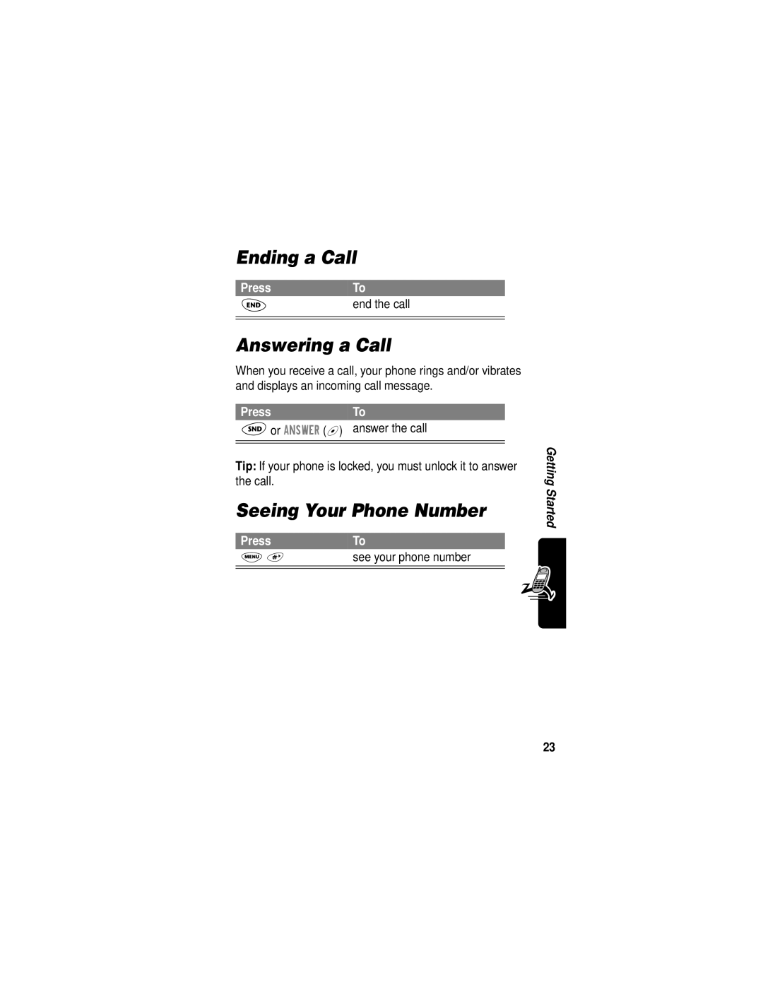 Motorola V60i manual Ending a Call, Answering a Call, Seeing Your Phone Number 