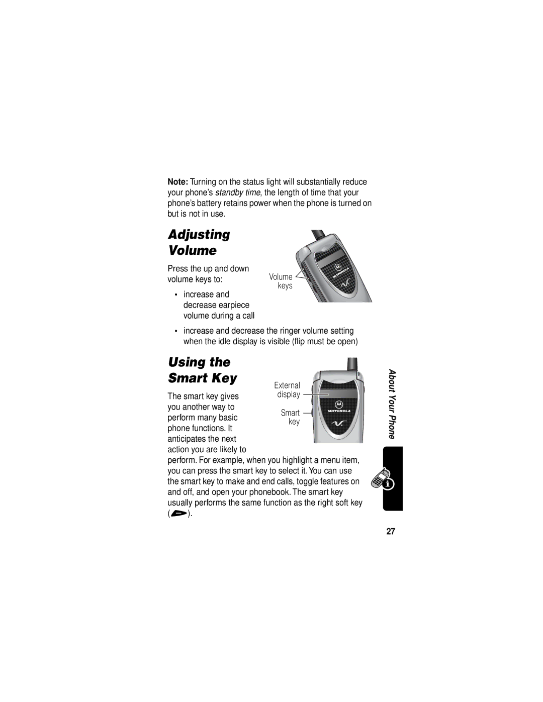 Motorola V60i manual Adjusting Volume, Using Smart Key, Press the up and down volume keys to, Volume keys 