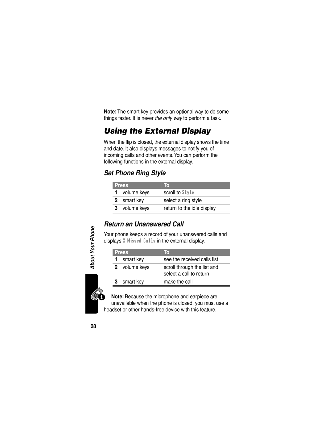 Motorola V60i manual Using the External Display, Set Phone Ring Style, Return an Unanswered Call 