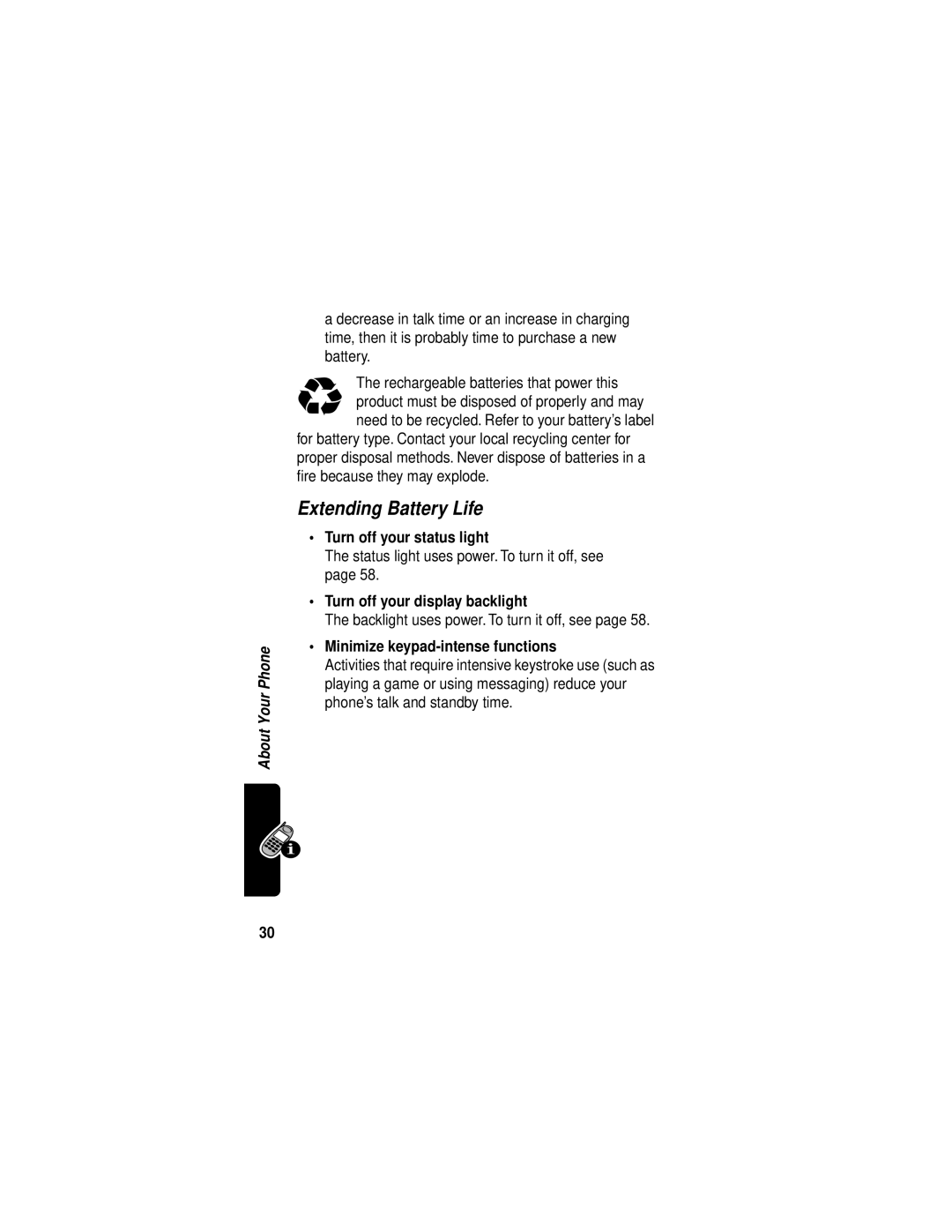 Motorola V60i manual Extending Battery Life, Turn off your status light, Turn off your display backlight 