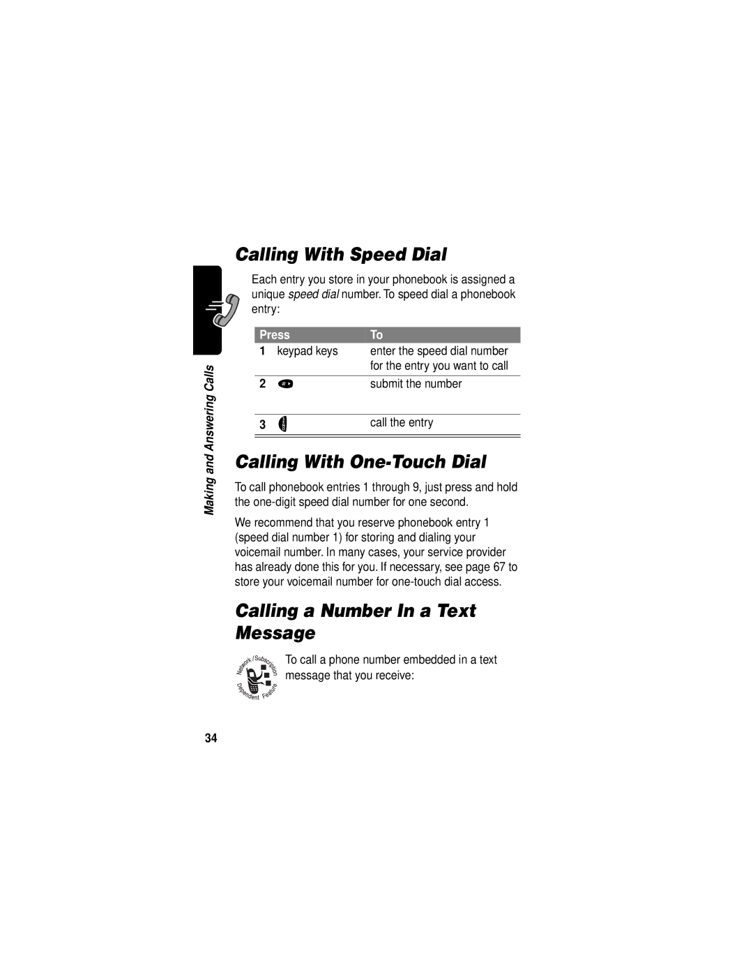 Motorola V60i manual Calling With Speed Dial, Calling With One-Touch Dial, Calling a Number In a Text Message 