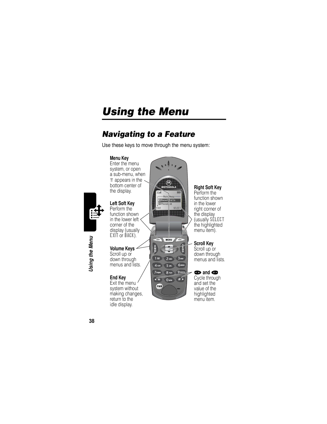 Motorola V60i manual Using the Menu, Navigating to a Feature, Use these keys to move through the menu system, Left Soft Key 