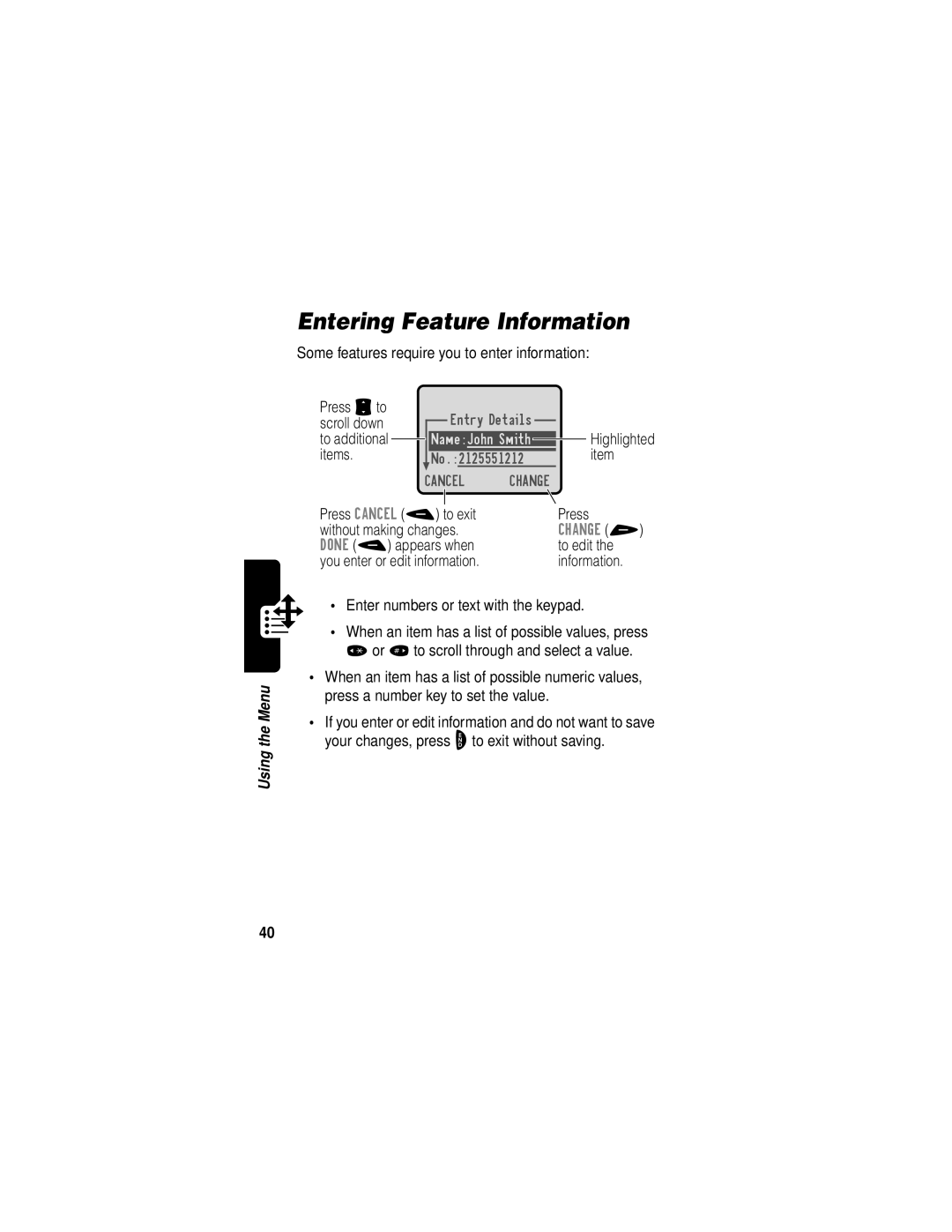 Motorola V60i manual Entering Feature Information 