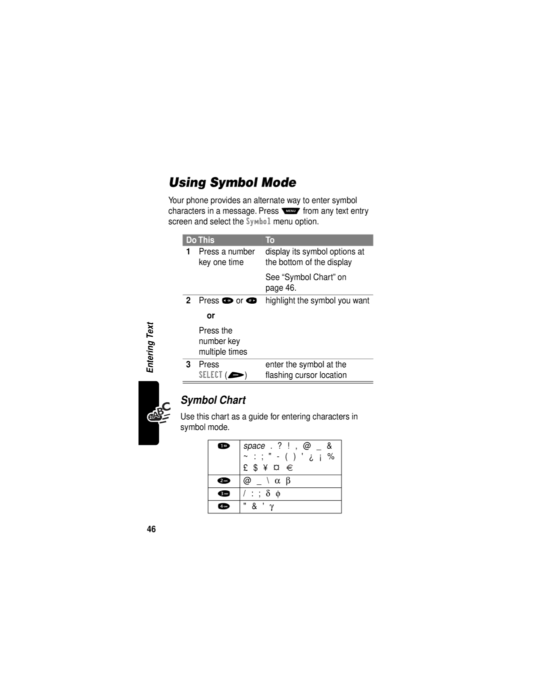 Motorola V60i manual Using Symbol Mode, Symbol Chart, Press a number, Press Enter the symbol at, ﬂashing cursor location 