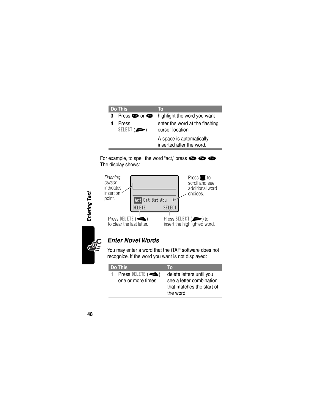 Motorola V60i manual Enter Novel Words, Press *or # highlight the word you want, Cursor location, Space is automatically 